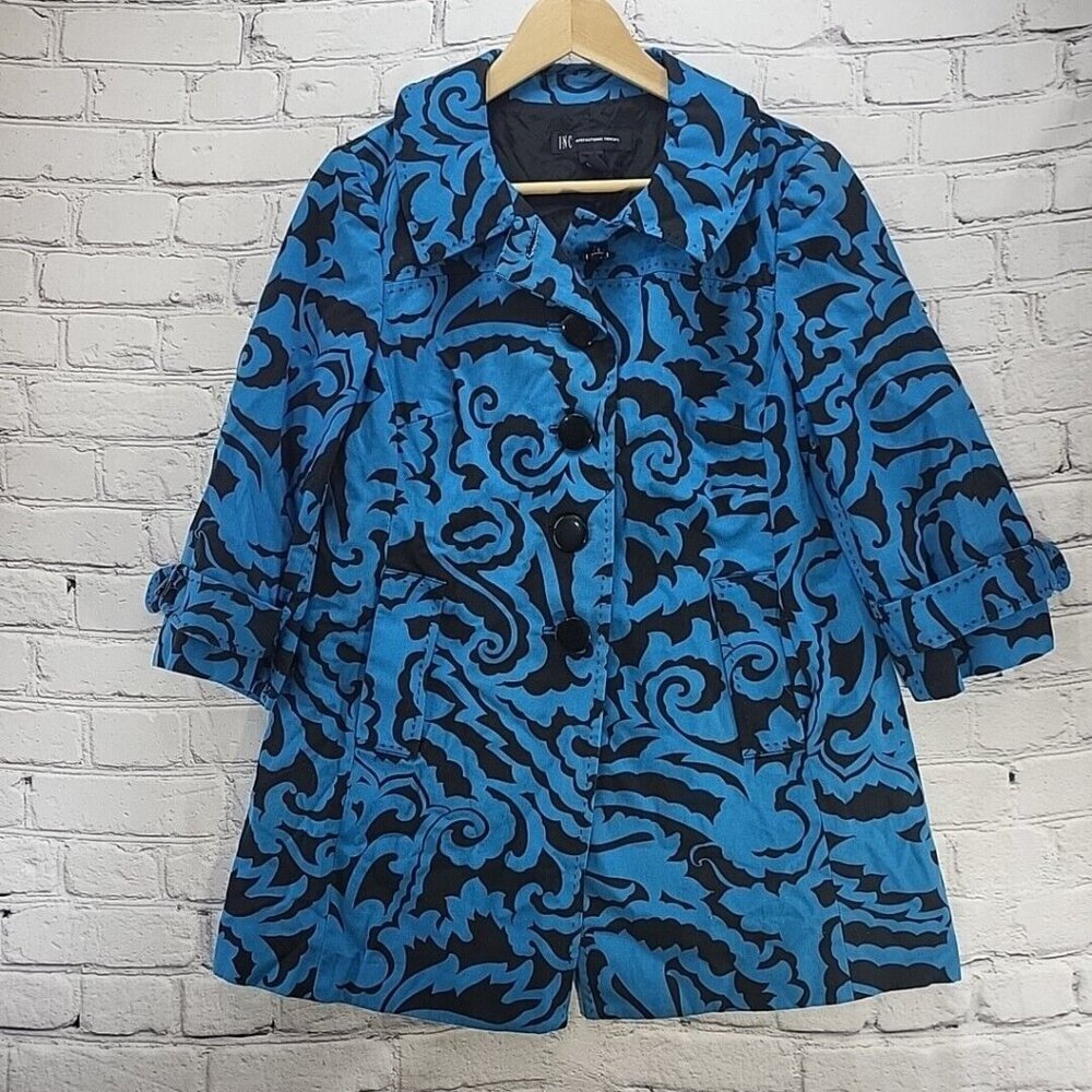 Vintage INC Jacket Womens Sz M Black Blue Paisley Cotton Swing Coat